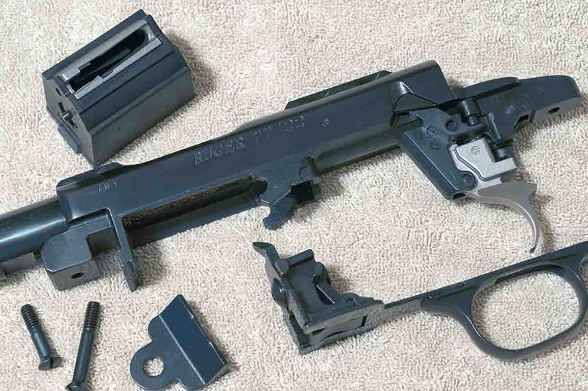The rifle’s somewhat modular design allows the use of different receiver lengths and appropriate bottom metal components to accommodate several different cartridges. Ruger’s rotary magazine has been in use on several different rifles since 1964.